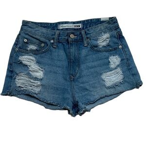 Lovers + Friends Denim “Jack” Shorts Distressed Raw Hem Color “Westerly” Cotton